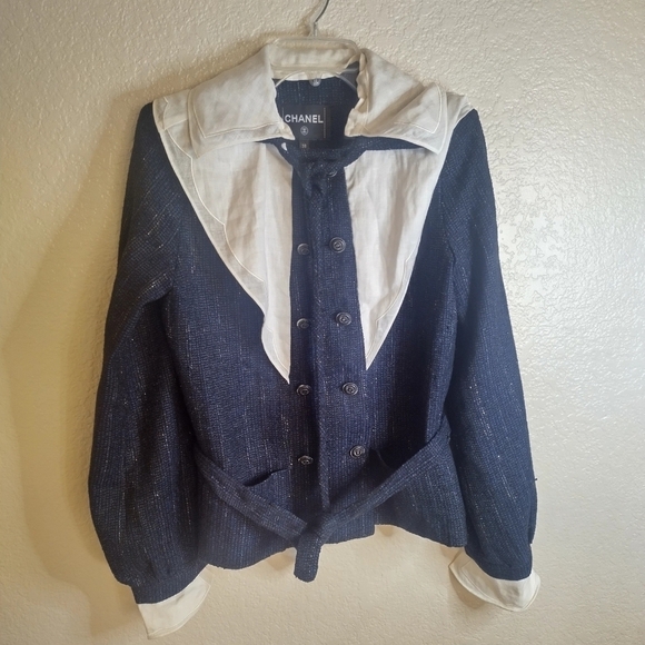 Chanel sailor piter pan collar tweed button down tassel jacket sz 36/ 4 - Picture 2 of 16